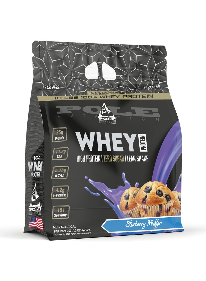 POLE NUTRITION 100% بروتين مصل اللبن 10 أرطال (4.53 كجم) - مشروب بروتين عالي مع صفر سكر (مافن التوت الأزرق) - Image 1